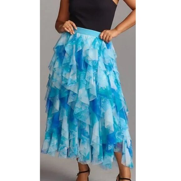 The Chéri Ruffled Tulle Midi Skirt by Anthropologie Blue size 2X